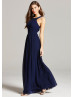 Navy Blue Chiffon Beads Halter Long Prom Dress